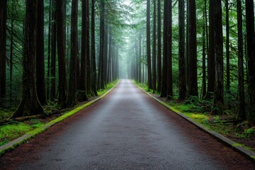 Naklejka premium A foggy forest path with tall trees looming on either side, styled for mystery and depth
