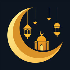 Crescent Moon with Mosque and Lanterns Illustration