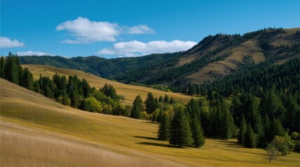 Fototapeta premium Serene Autumn Landscape with Golden Grass Blankets on Rolling Hillsides Under a Clear Sky
