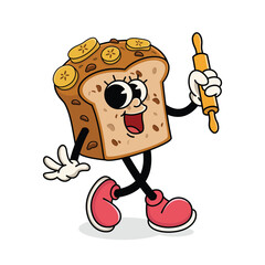 Retro Cartoon Banana Bread Mascot Holding a Rolling Pin