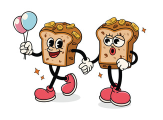 Happy Cartoon Banana Bread Couple Walking and Holding Balloons