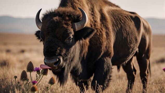 A bison licks a cone flower with its tongue