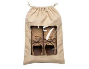 Beige fabric drawstring bag holding ballet shoes isolated on transparent background