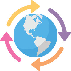 Stylized Globe with Four Colorful Arrows in a Continuous Cycle Representing Global Connection and Movement Against a Transparent Background