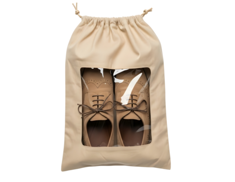 Beige fabric drawstring bag holding ballet shoes isolated on transparent background