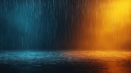 dramatic scene with rain falling, featuring contrasting blue and orange lighting, creating a moody atmosphere on a reflective surface.