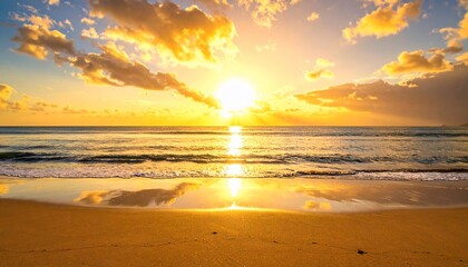 Stunning sunset over the ocean, reflecting golden hues on the wet sands of the beach