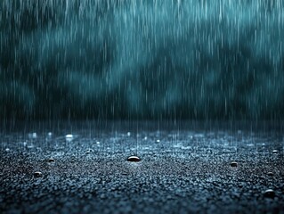 serene image of rain falling on a reflective surface, creating a calm and soothing atmosphere with droplets pooling on the ground.
