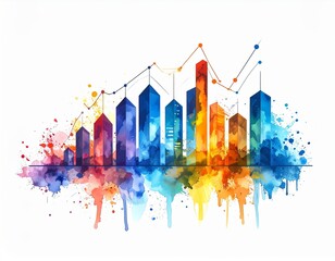 Watercolor city skyline with financial graph depicting growth and investment trend