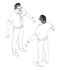 Two elderly men in conversation, one wearing glasses, a shirt, and trousers. The black and white line art drawing has a clean white background. Isometric view