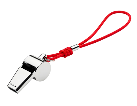 Silver metal whistle with red lanyard isolated on transparent background
