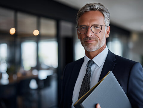 middle-aged professional facing the camera confidently, wearing business attire, blurred office interview setting behind, holding a portfolio folder - Powered by Adobe