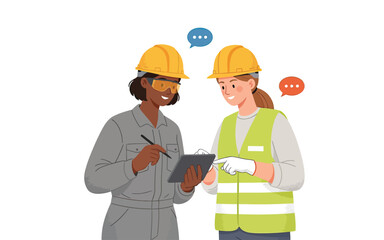 Diverse female construction engineers reviewing project plans on a digital tablet