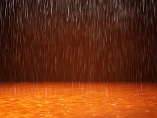 close-up view of raindrops cascading down in a warm-toned environment, reflecting light on the surface below, creating a tranquil yet dynamic atmosphere.