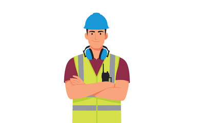 Illustration of a smiling professional construction worker in hard hat and safety vest.