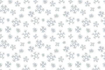 Vector hand drawn snowflakes pattern horizontal background. Christmas, new year, holidays silver snow print on white background. Winter grey texture for design, backdrop, decoration, cover, wallpaper.
