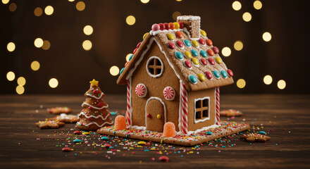 Traditional Christmas Decoration with Cookie House and Lights.