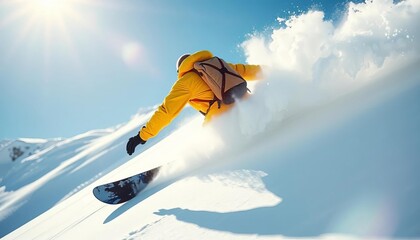 Vibrant yellow jacket in motion, snowboarding down a powdery hill Clear blue sky, fresh snow, backpack, exhilarating winter sports adventure, carving, thrill