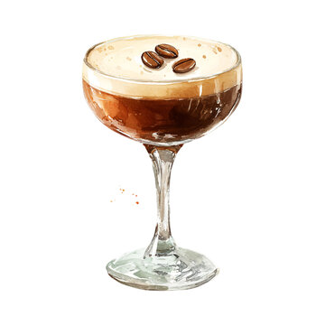Watercolor illustration of espresso martini cocktail with coffee beans isolated on transparent background