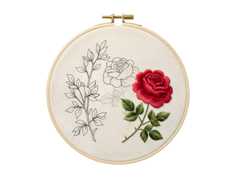 Embroidery hoop with red rose and floral sketch isolated on transparent background