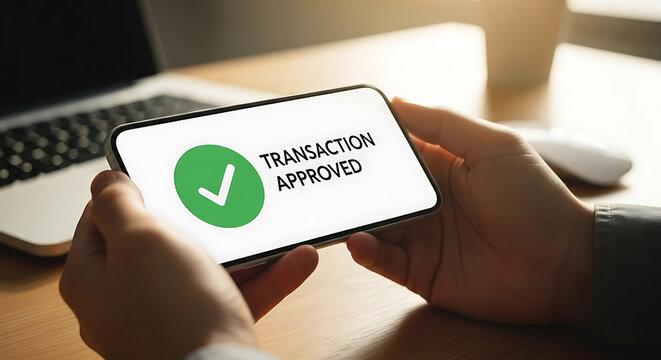 Hands holding a smartphone with a green checkmark and transaction approved text on the screen in front of a laptop on a desk.