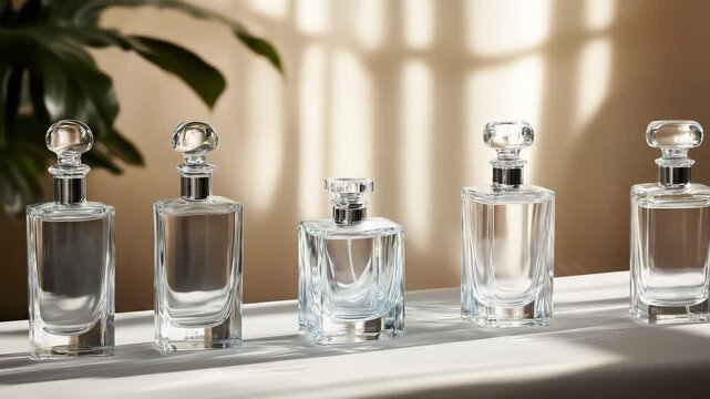 Elegant clear glass bottles displayed with natural light and soft shadows for product showcase
