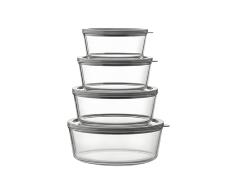 Stack of four clear glass food storage containers with lids isolated on transparent background