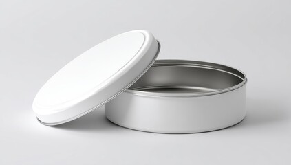 White metal tin can, open, on a plain background