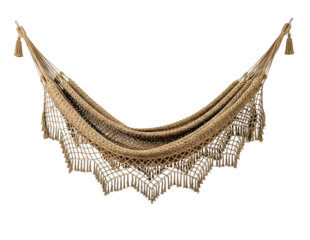 Ornate beaded shawl with fringe hanging isolated on transparent background