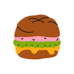 Fast food element in cartoon doodle style. Hand drawn hamburger icon with rye bun, salad and cheese. Street food stickers. Flat vector illustration isolated on white background