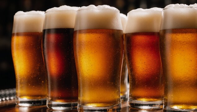 Multiple glasses of beer on a bar top