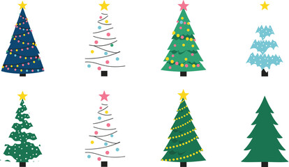 Set of Minimalist Christmas Tree Flat Icons and Decorations Vector Illustration