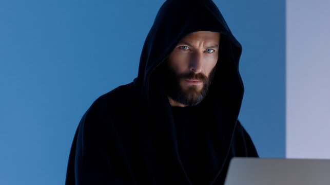 In a dimly lit room, a man wearing a dark hoodie intensely stares at his laptop. The atmosphere is charged as he engages in late-night hacking and coding activities, surrounded by shadows