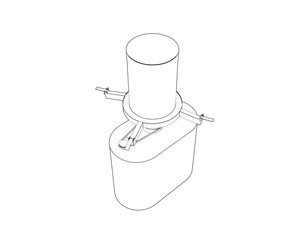 Monochrome Technical Drawing of Centrifugal Rotary Fish Feeder Spreader: Detailed Outline Illustration for Aquaculture Engineering Blueprints, Automated Pond Management Feeding System Schematic.