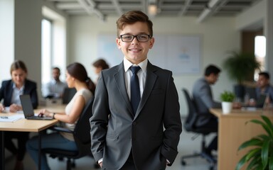 A young boy dressed in a smart suit exudes confidence amid a bustling office with adults engaged in various tasks, showcasing ambition and poise. High quality