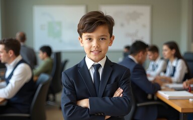 A young boy dressed in a smart suit exudes confidence amid a bustling office with adults engaged in various tasks, showcasing ambition and poise. High quality