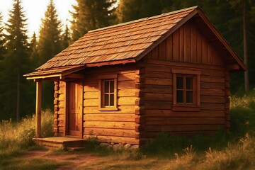 Obraz premium A rustic wooden cabin illuminated by warm golden hour sunlight