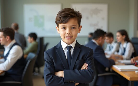 A young boy dressed in a smart suit exudes confidence amid a bustling office with adults engaged in various tasks, showcasing ambition and poise. High quality - Powered by Adobe