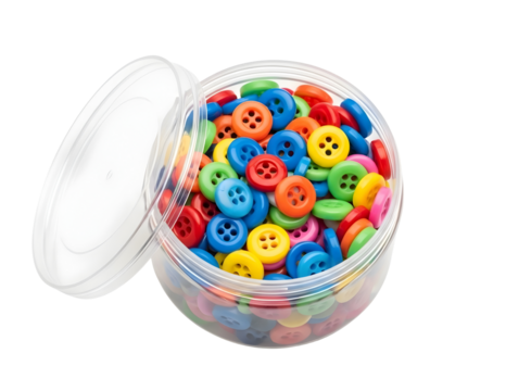 Colorful small buttons in a clear plastic container isolated on transparent background - Powered by Adobe