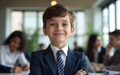 A young boy dressed in a smart suit exudes confidence amid a bustling office with adults engaged in various tasks, showcasing ambition and poise. High quality