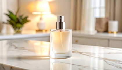 Frosted Perfume Bottle on Cream Marble &ndash; Luxury Beauty Mockup