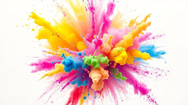 A vibrant burst of colorful powder creates an explosion of rainbow hues against a clean white backdrop, evoking a sense of joy, energy, and artistic expression. - Powered by Adobe