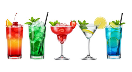 Selection of colorful cocktails isolated on transparent background, perfect for summer parties and tropical vacations, cheers