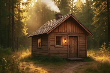 Obraz premium Warm Wooden Off-Grid Cabin in Forest at Golden Hour