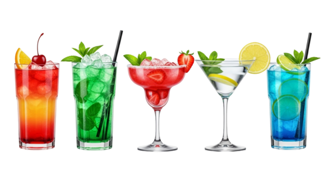 Selection of colorful cocktails isolated on transparent background, perfect for summer parties and tropical vacations, cheers - Powered by Adobe