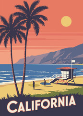 Fototapeta premium Beach california lifeguard house poster with ocean coast, palm trees, and vintage style, vector illustration perfect for wall art, home decoration, and coastal interiors.