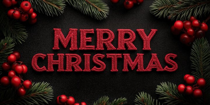 The word Merry Christmas is written in red letters on a black background with Christmas decorations pine branches and berries around the text