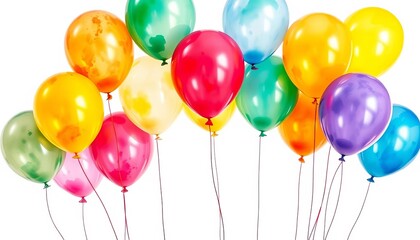 Watercolor painting of colorful balloons floating against a white background,  texture,  gouache