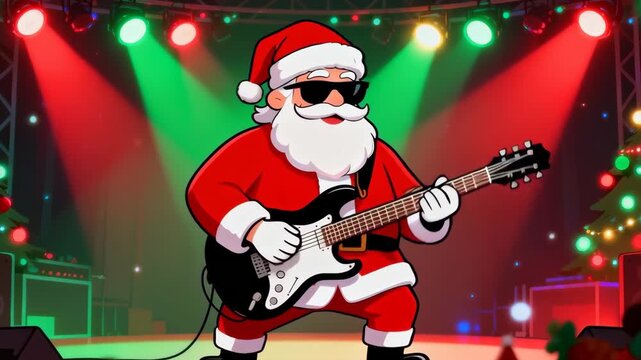 Cool cartoon Santa Claus with sunglasses rocking stage on guitar at festive christmas rock and roll music concert