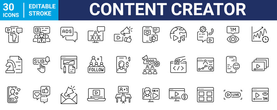 Content creator line web icons. media, content, podcast, blogger, live streaming, social network. Editable stroke. Vector illustration